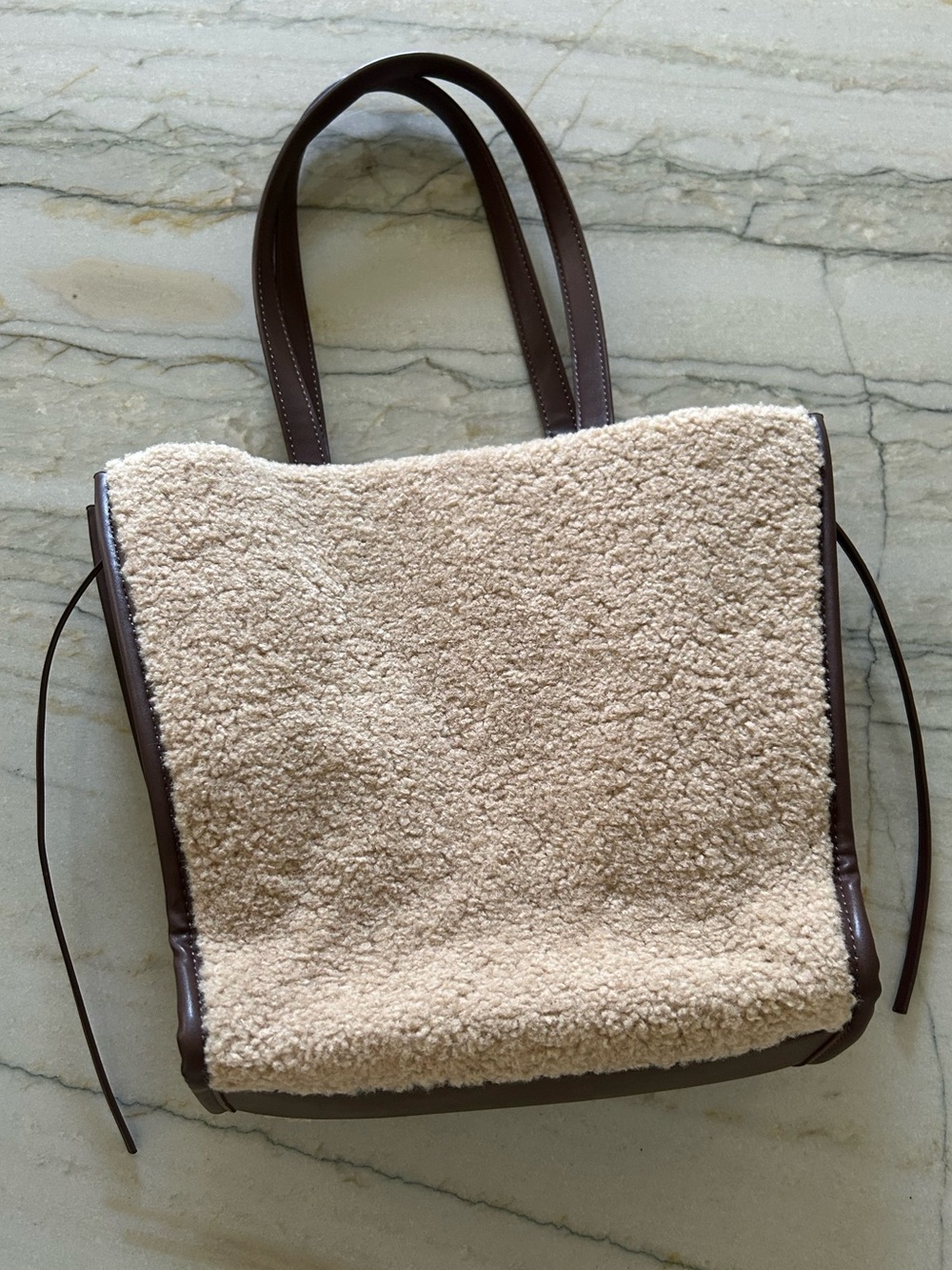 Anthropology Cream Sherpa Tote with Brown Trim NWT